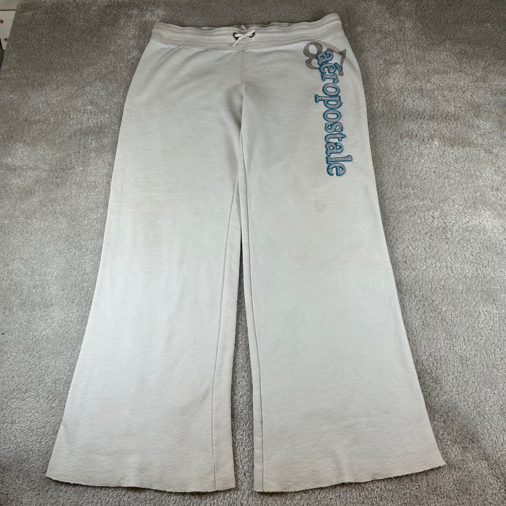 Aeropostale Sweatpants Women Large Cream Wide Leg Logo Glitter Y2K Loungewear